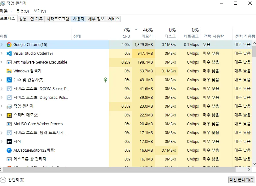 프로세스 메모리 정리 화면